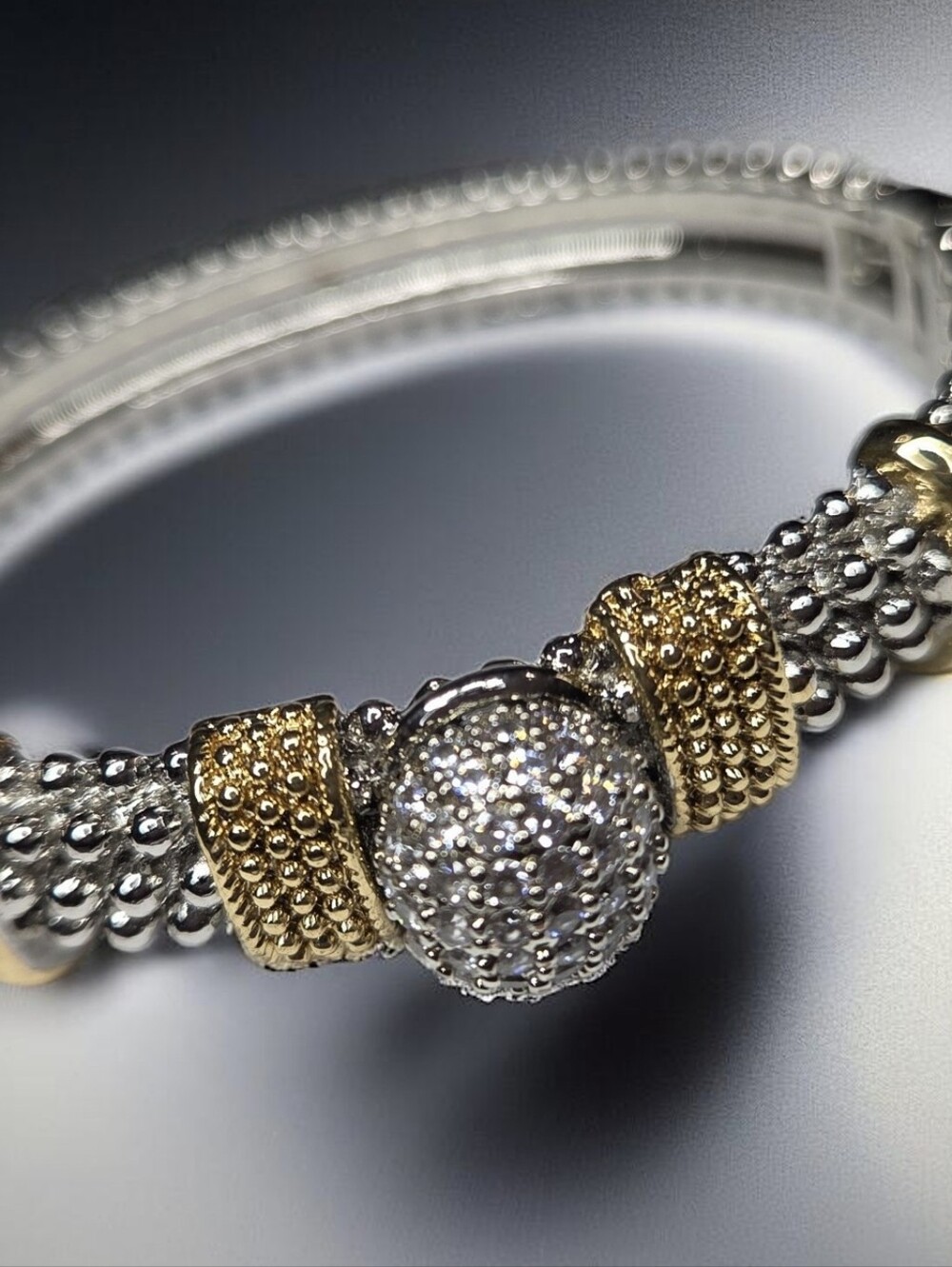 Luxury Designer Chunky Silver Gold Plated Caviar Domed Zircon Crystal Bracelet - Picture 5 of 6